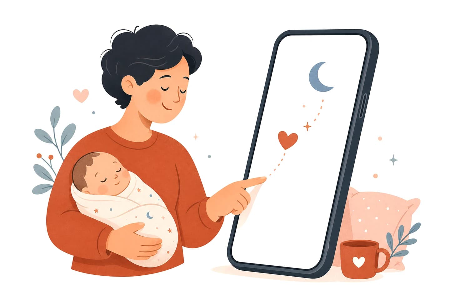 Illustration of a parent logging a moment with one tap while holding a baby