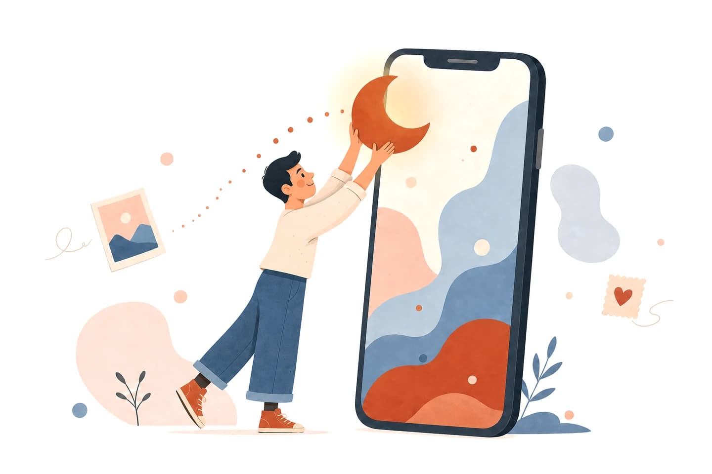 Illustration of a maker placing a crescent moon onto a smartphone screen